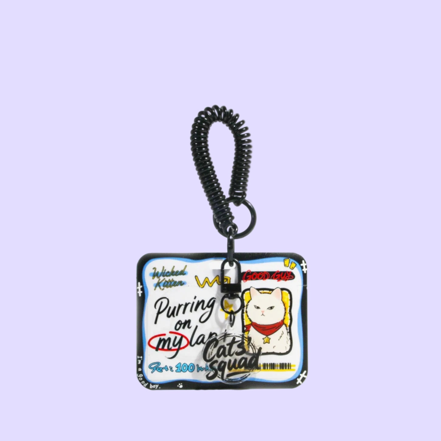 Card Holder. A square keychain or bag charm with a coiled black strap and a printed panel featuring a white cartoon cat