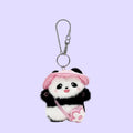 A cute plush panda keychain accessory with a pink hat, pink heart-shaped bag, and silver metal chain