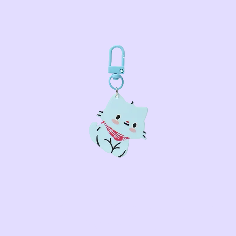 A light blue cat-shaped keychain charm with a red plaid scarf, attached to a matching light blue carabiner clip