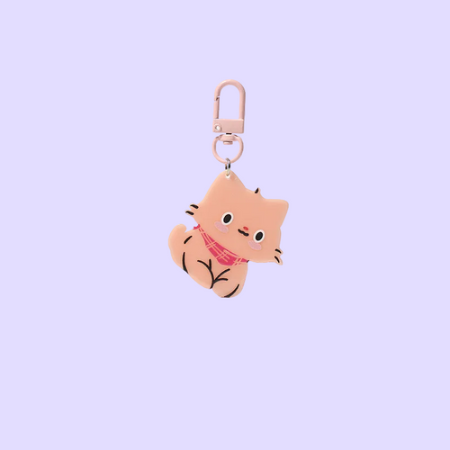 A cute, pastel-colored cat-shaped keychain charm with a pink plaid scarf, attached to a light pink metal carabiner